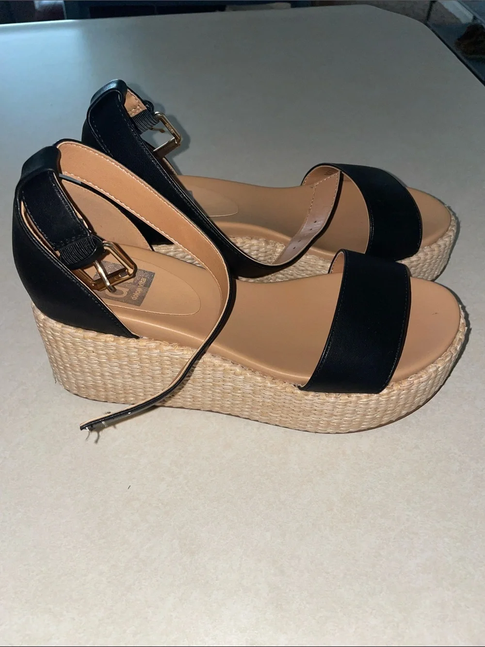 DV by Dolce Vita Black Leather Wedge Espadrille Sandals